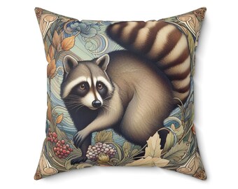 RACCOON Art Nouveau William Morris Style Spun Polyester Square PILLOW + COVER Animal Lover Throw Pillow Home Decor Gift