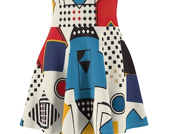 Colorful Geometric 80s Vintage Inspired Pattern Polyester Spandex Women's Skater Skirt Boho Fashion Clothing Above Knee Elastic Waist Skirt