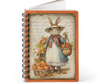 Vintage Autumn-Themed Bunny Rabbit - Spiral Bound Ruled Line Journal - Fall Pumpkin Notebook - Cute Diary Gift