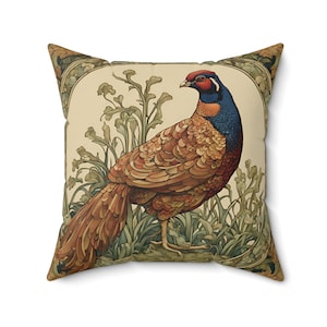 PHEASANT Art Nouveau William Morris Style Art Spun Polyester Square PILLOW + COVER Bird Lover Throw Pillow Home Decor Hunter Gift
