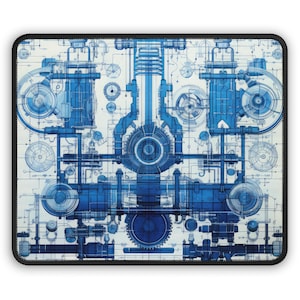 May include: A rectangular mousepad featuring a detailed blueprint design in shades of blue and white. The design includes gears, pipes, and other mechanical components, all set against a white background with a black border.