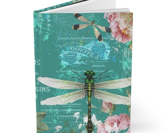 Diário estilo Dragonfly Junk - Caderno pautado - Diário estilo vintage - Diário de capa dura - Presente para ela - Presente Dragonfly
