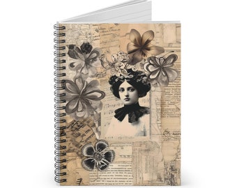 Może przedstawiać: Notes spiralny w stylu vintage z okładką w formie kolażu przedstawiającą czarno-biały portret kobiety z kwiatami i starymi papierowymi elementami. Okładka ma sepię ton i zużyty wygląd.
