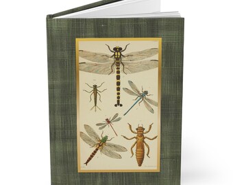 Diário de libélulas antigo - Caderno pautado estilo vintage - Diário de insetos - Diário de capa dura - Presente para amantes de libélulas