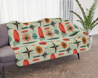 Retro Mid-Century Style Sherpa Fleece Blanket, Cozy Throw, Vintage Inspired Blanket for Home Decor, Warm Throw Blanket