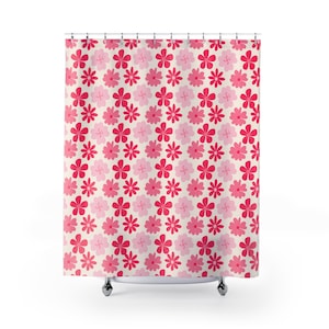 Pink Flowers Retro Floral Art, 71" x 74" Polyester Fabric Shower Curtain, Boho Bath Decor, Bathroom Fashion Gift