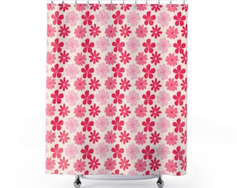 Pink Flowers Retro Floral Art, 71" x 74" Polyester Fabric Shower Curtain, Boho Bath Decor, Bathroom Fashion Gift