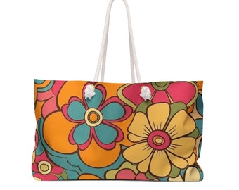 Bolsa de fim de semana de poliéster fiado 24 x 13 polegadas Boho retrô floral estampa bolsa de praia sacola com fundo em T bolsa com alça de corda