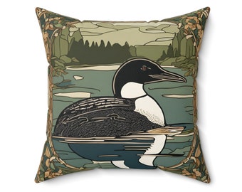 LOON Art Nouveau William Morris-stil Konstspunnen Polyester Fyrkantig KUDDE + FODRAL Minnesota Fågelälskare Prydnadskudde Heminredning Gåva
