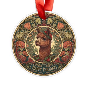 Festive Alpaca - Round Acrylic Ornament - Personalized Animal Lover Gift - Art Nouveau Style - Christmas Decoration - Holiday Decor