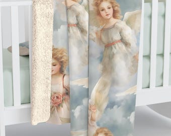 Acogedora manta de vellón Sherpa, patrón artístico de niña ángel vintage, DOS TAMAÑOS, acogedora manta de poliéster para sofá con ángeles