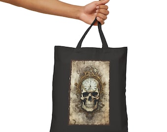 STEAMPUNK SKULL Vintage Art Black or Natural Color Cotton Canvas Tote Bag Shopping Bag Book Bag Gift