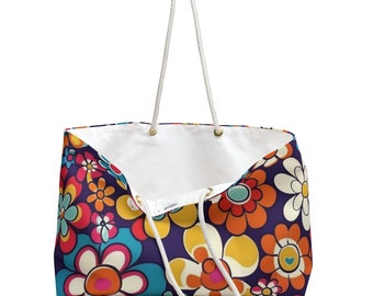 24 x 13 Inch Spun Polyester Weekender Bag Boho Retro Floral Pattern Beach Bag Tote Bag T-Bottom Rope Handle Purse Gift for Her