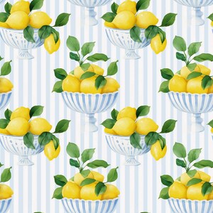 Bowl of Lemons Watercolor Blue Stripe Seamless Pattern, Digital Wallpaper Design, Printable Lemon Pattern,  Grandmillenial Repeat Pattern