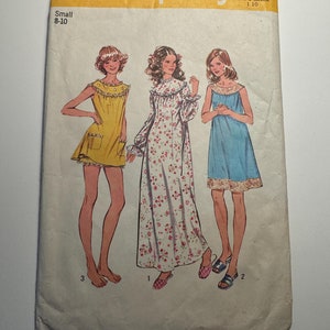 May include: Simplicity sewing pattern number 5030 for a nightgown. The pattern includes three different styles: a short yellow nightgown, a long floral nightgown, and a long blue nightgown. The pattern is for sizes 8-10 and costs £1.00.