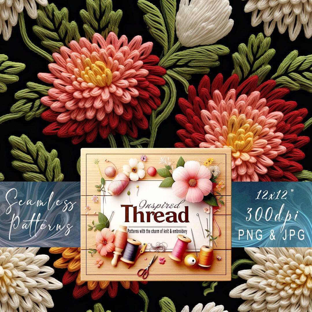 Colorful Chrysanthemums Faux Embroidery Seamless Digital Etsy