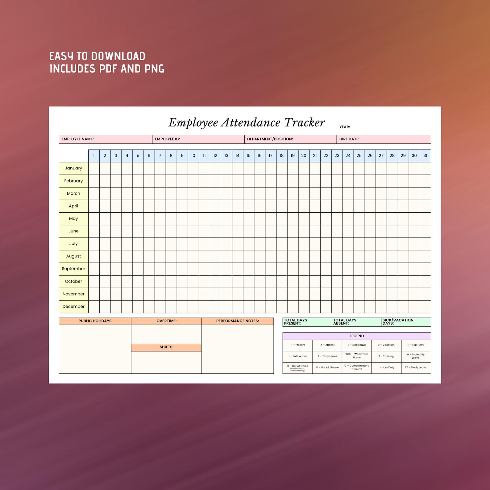Yearly Employee Attendance Tracker: Printable HR Log (PDF Template) - Etsy