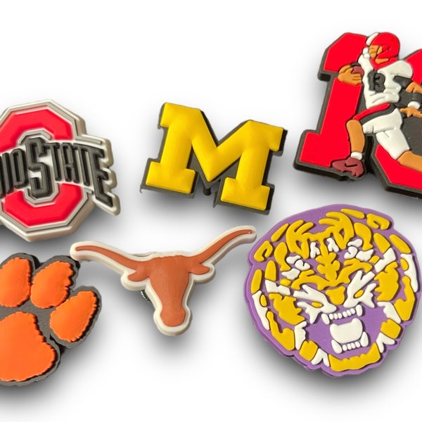 College Football inspired shoe charms, Texas longhorns, Ohio State Buckeyes, LSU Tigers, Clemson Tigers, and Michigan Wolverines,