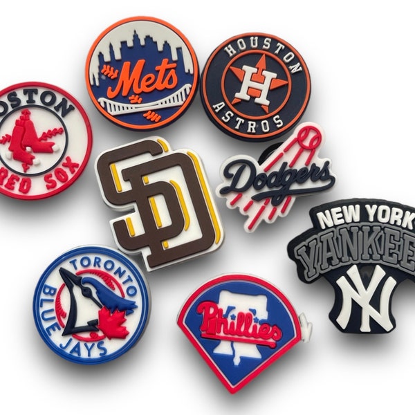 Baseball inspired shoe charms, Houston Astros, NY Yankees, San Diego Padres, Toronto blue jays, Boston Red Sox, NY Mets, Phillies, Dodgers