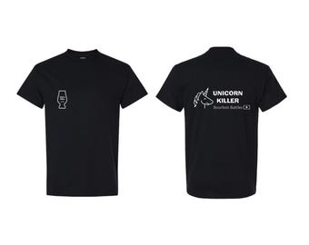 May include: Black t-shirt with a white outline of a unicorn and the text "Unicorn Killer Bourbon Battles" on the back. The front of the shirt has a white outline of a glass.