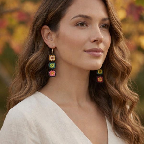 Handmade Granny Square Earrings, Beaded Dangle Earrings, Bright Colorful Jewelry, Unique Boho Style