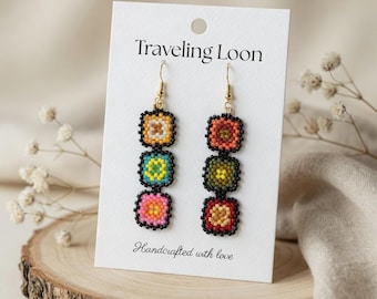 Handgemachte Oma Quadrat Ohrringe, Perlen Ohrringe, Helle Bunte Schmuck, Einzigartiger Boho Stil