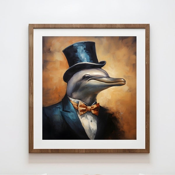 Dapper Dolphin Wall Art - Impresión de arte aristocrático de delfines imprimible - Dapper Dolphin Artwork - Descarga digital de delfines