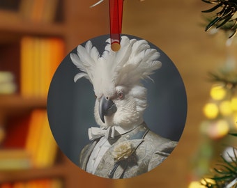Cockatoo Ornament,  Funny Bird Ornament, Cockatoo Gifts, Round Metal Christmas Tree Ornament, Dapper Cockatoo Christmas Ornament