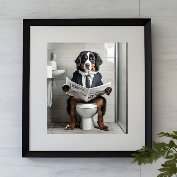 Bouvier bernois assis sur les toilettes lisant le journal art mural, impression d'art chien, art de la salle de bain bureau bouvier bernois