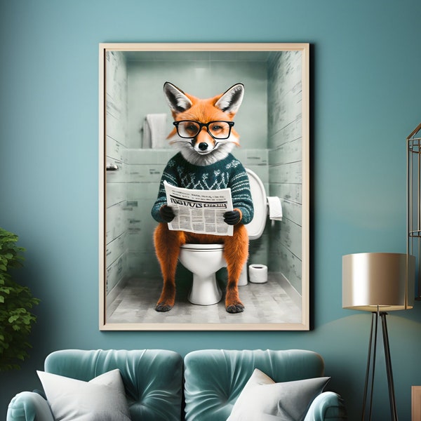 Fox on the Toilet Reading the Newspaper Wall Art, Funny Fox Art Print, Fox in a Sweater, Printable Fox Bathroom Art, Funny Fox Gifts