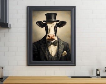 Cow Wall Art, Printable Cow Art Print, Dapper Cow Art, Funny Cow Lover Gifts, Fancy Cow Gifts, Farm Animal Digital Art, Digital Download