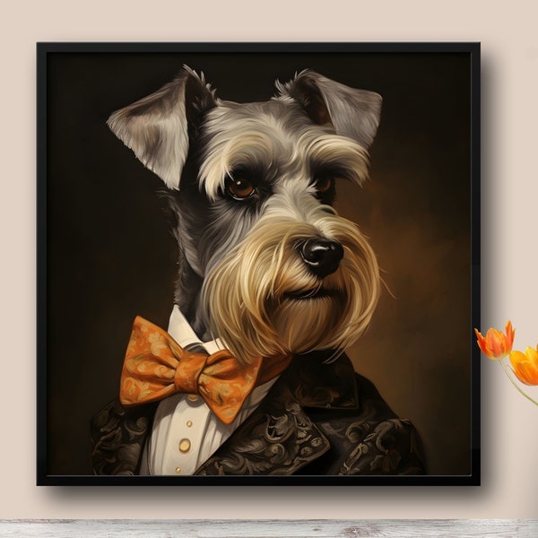 Dapper Mini Schnauzer Portrait Wall Art - Printable Mini Schnauzer Art Print - Vintage Dog Art - Digital Download - Dog Wearing a Bow Tie