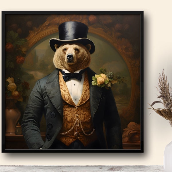 Fancy Grizzly Bear Wall Art - Printable Bear Art Print - Unique Bear in a Top Hat Wall Art - Vintage Dapper Bear Art - Digital Download