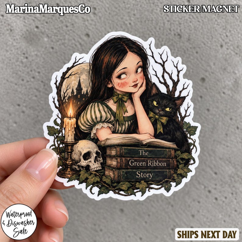 Loading Sticker Gift Green Ribbon Urban Legend Sticker, Girl With Green Ribbon, Gothic Black ...