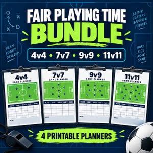 Puede incluir: Un paquete Fair Playing Time Bundle con cuatro portapapeles blancos con diagramas de campos de fútbol verdes para planificación de juegos 4v4, 7v7, 9v9 y 11v11. Cada portapapeles incluye tablas de seguimiento de jugadores y juegos, un silbato y un balón.
