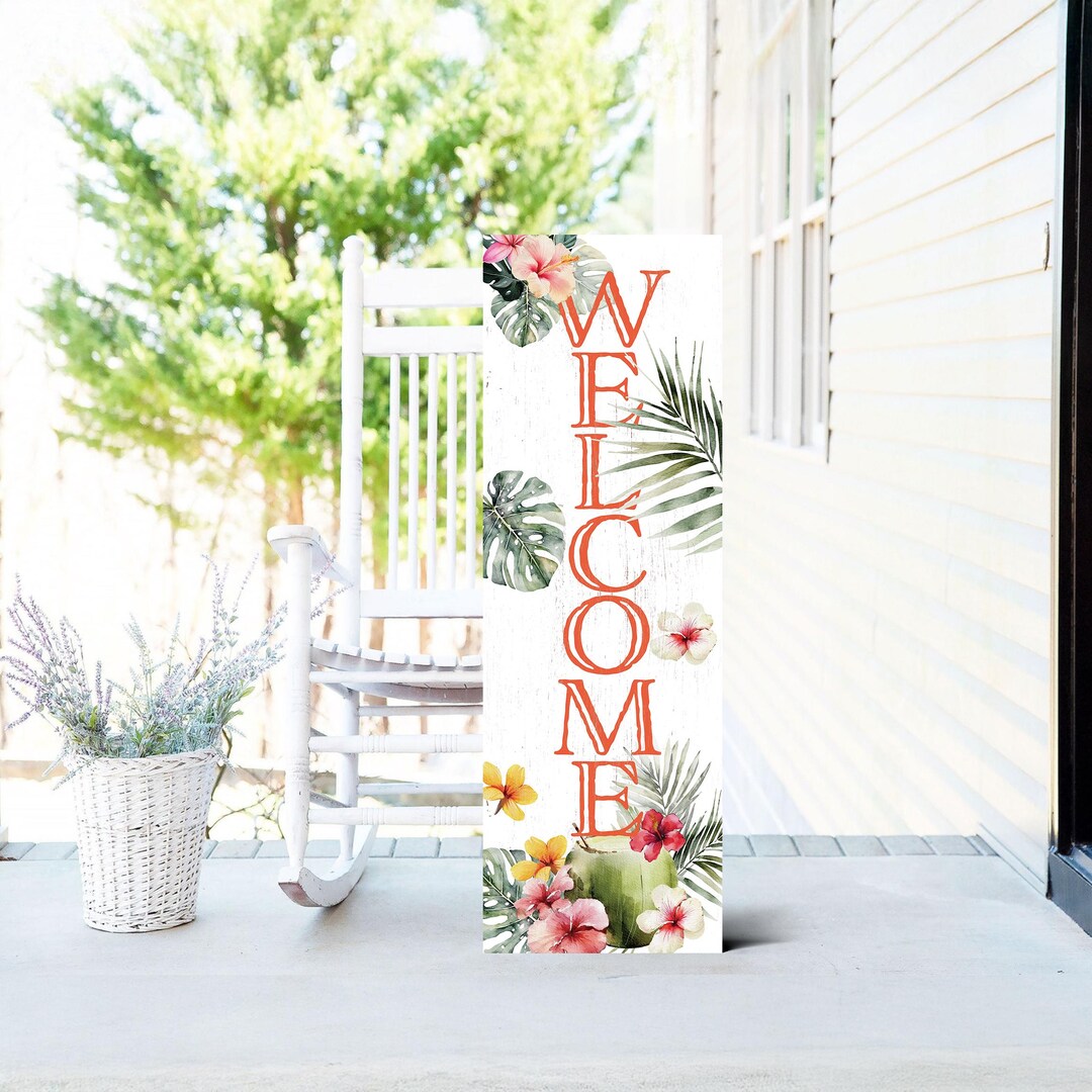 Tropical Welcome Porch Sign - Summer Hibiscus Palm Leaf Canvas Wall Art ...