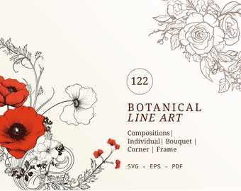 122 Floral Line Art SVG Bundle | Hand-Drawn Florals Vector | Wedding & Tattoo Clipart