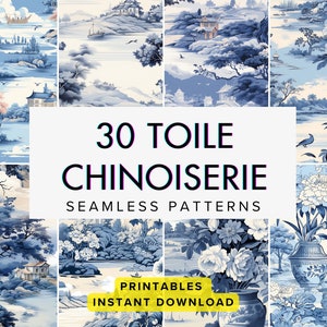 30 pcs of Chinoiserie Digital Paper, Blue & White Chinese seamless patterns of sublimation and decoupage. Toile de jouy style of paper
