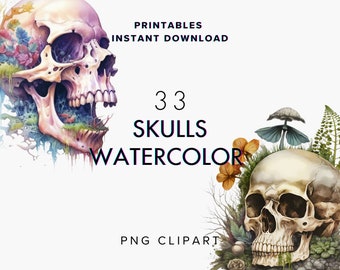 Set of 33 Skulls and Mushrooms Illustrations, Watercolor, PNG Digital Download Clip Art. VOL-1