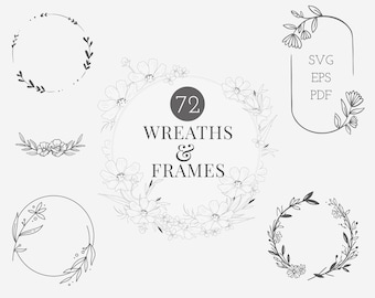 Könnte beinhalten: Ein Set mit 72 schwarzen und weißen floralen Kränzen und Rahmen. Die Kränze und Rahmen bestehen aus einfachen Linienzeichnungen von Blumen und Blättern. Der Text "72 Kränze & Rahmen" befindet sich in der Mitte des Bildes.