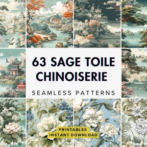 63 pcs of Chinoiserie Digital Paper | Sage Chinese seamless patterns of sublimation and decoupage | Toile de jouy style of paper