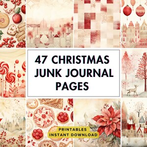 Könnte beinhalten: 47 druckbare Weihnachts-Junk-Journal-Seiten mit Aquarell-Illustrationen von Winterszenen, Zuckerstangen und Weihnachtsdekorationen. Die Seiten sind perfekt zum Hinzufügen zu Ihrem Junk-Journal oder zum Scrapbooking.