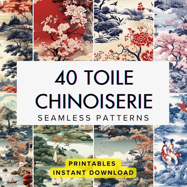 40 pcs of Chinoiserie Digital Paper, Blue & Red Chinese seamless patterns of sublimation and decoupage. Toile de jouy style of paper
