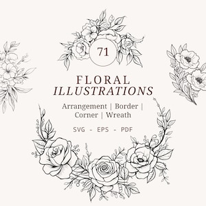 71 種類のフラワーアレンジメント SVG バンドル | 花のボーダーのイラスト | タトゥー クリップアート