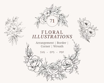 71 Floral Arrangements SVG Bundle | Flower Border Illustrations | Tattoo Clipart