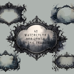 May include: A set of 42 watercolor gothic frames with a black and white design. The frames are ornate and feature a variety of designs, including skulls, branches, and vines. The frames are perfect for adding a touch of gothic elegance to your projects.