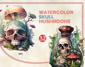 Watercolor Skull Mushroom Clipart | Gothic Fantasy PNG (32 Files)