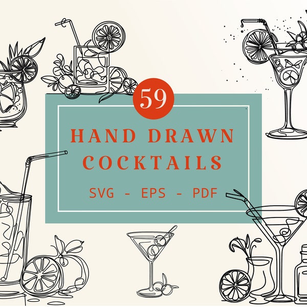 59 Hand Drawn Drink Illustrations | SVG, PDF & EPS files | Cocktail Clip Art | Signature Drink Sign Clip Art | Digital Download