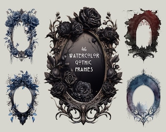 46 Watercolor Gothic Frames Clipart | Dark Fantasy Watercolor | Dark Wedding PNG Format |  Halloween