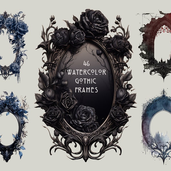 46 Watercolor Gothic Frames Clipart | Dark Fantasy Watercolor | Dark Wedding PNG Format |  Halloween